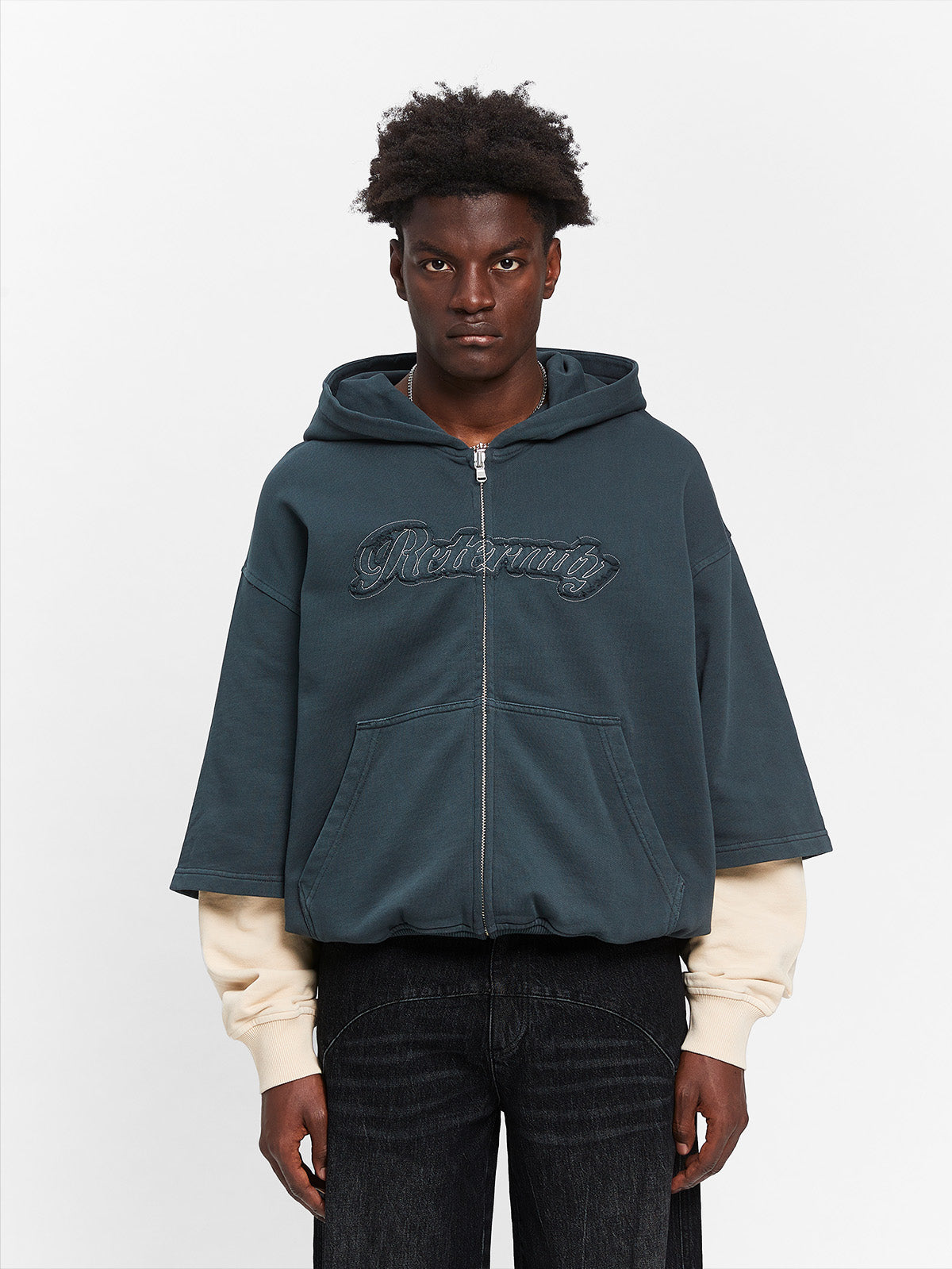LAYERED ZIP-HOODIE - WASHED GREY/CREAM