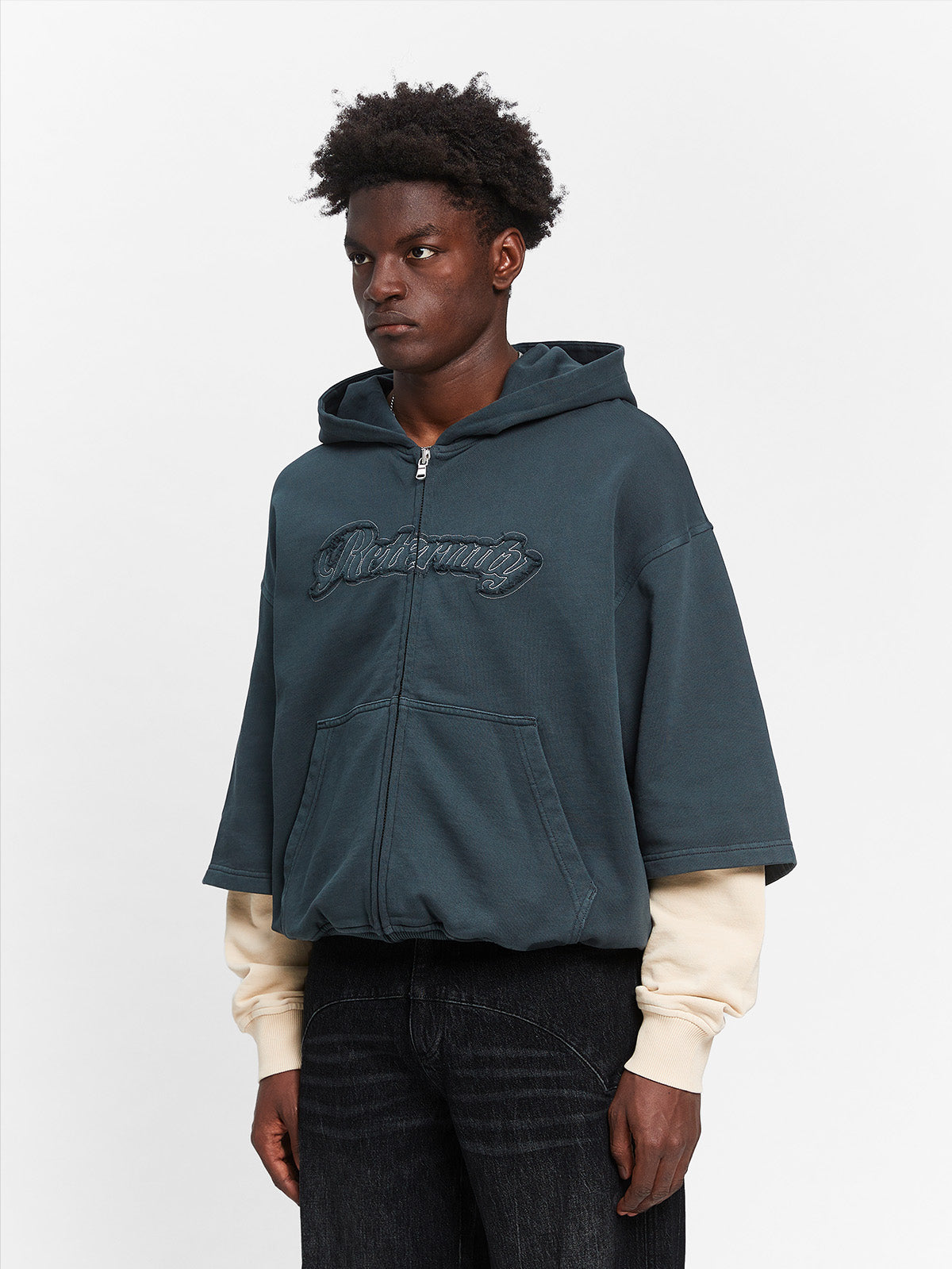 LAYERED ZIP-HOODIE - WASHED GREY/CREAM