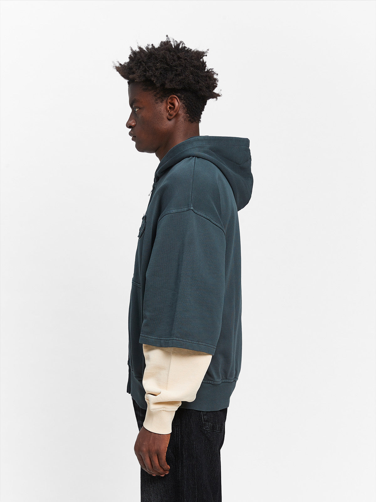 LAYERED ZIP-HOODIE - WASHED GREY/CREAM