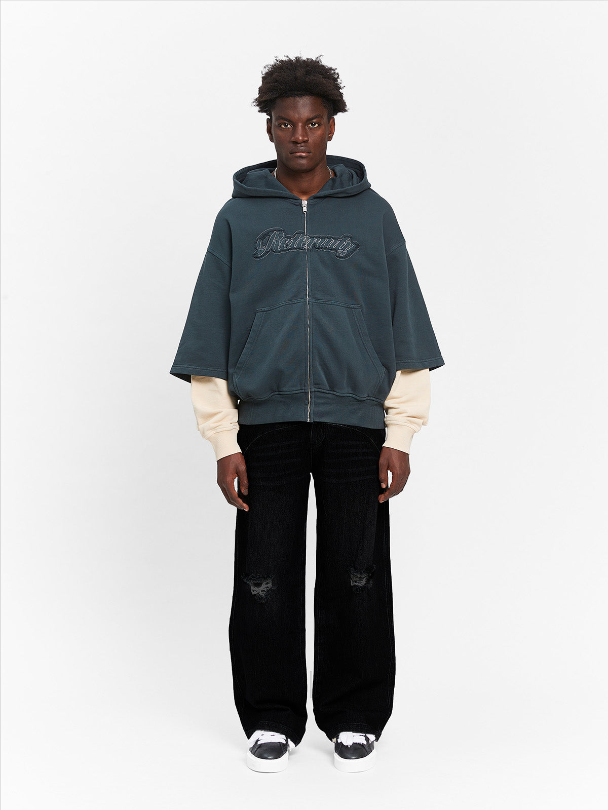 LAYERED ZIP-HOODIE - WASHED GREY/CREAM