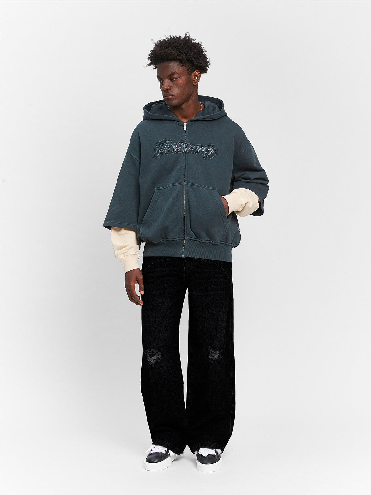 LAYERED ZIP-HOODIE - WASHED GREY/CREAM