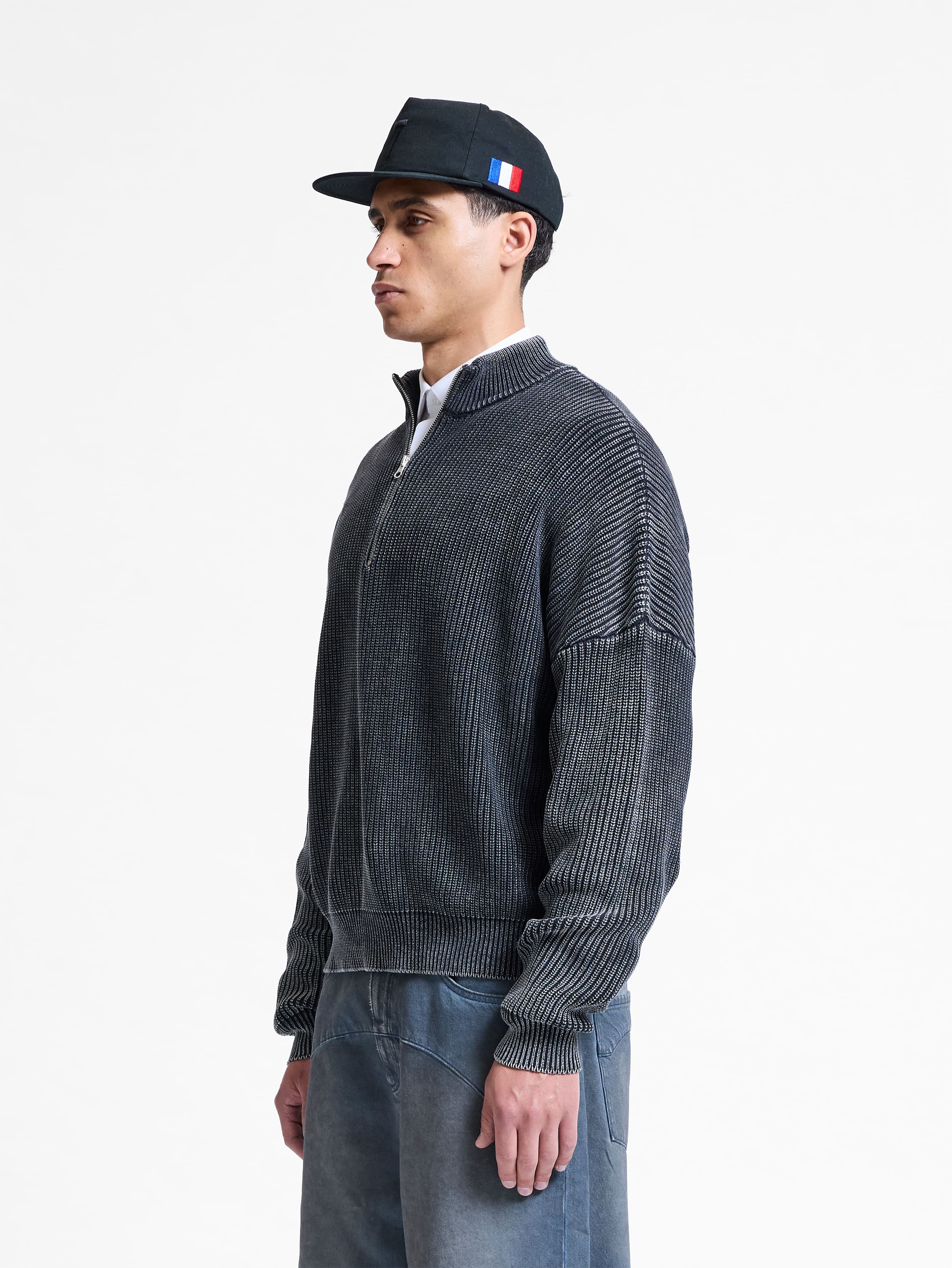 WASHED KNIT HALF ZIP - ACID BLACK