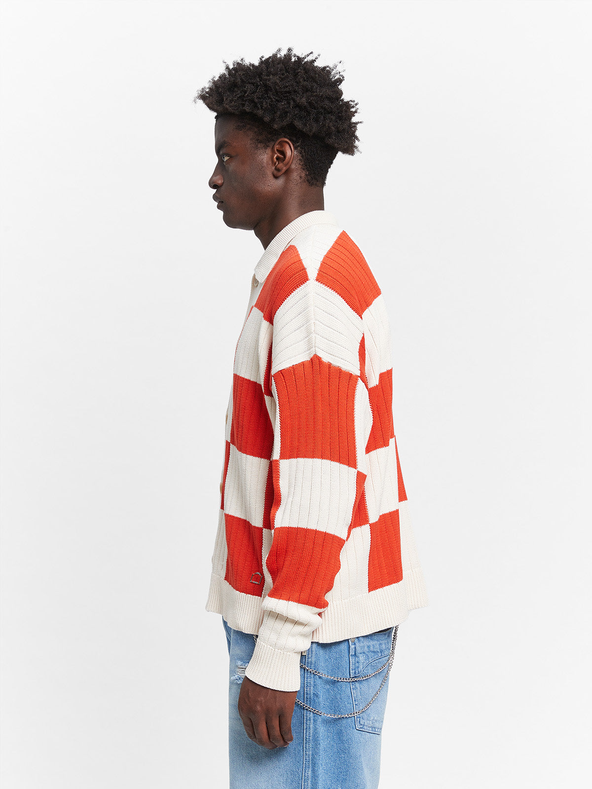KNIT BUTTON JACKET - CREAM/RED