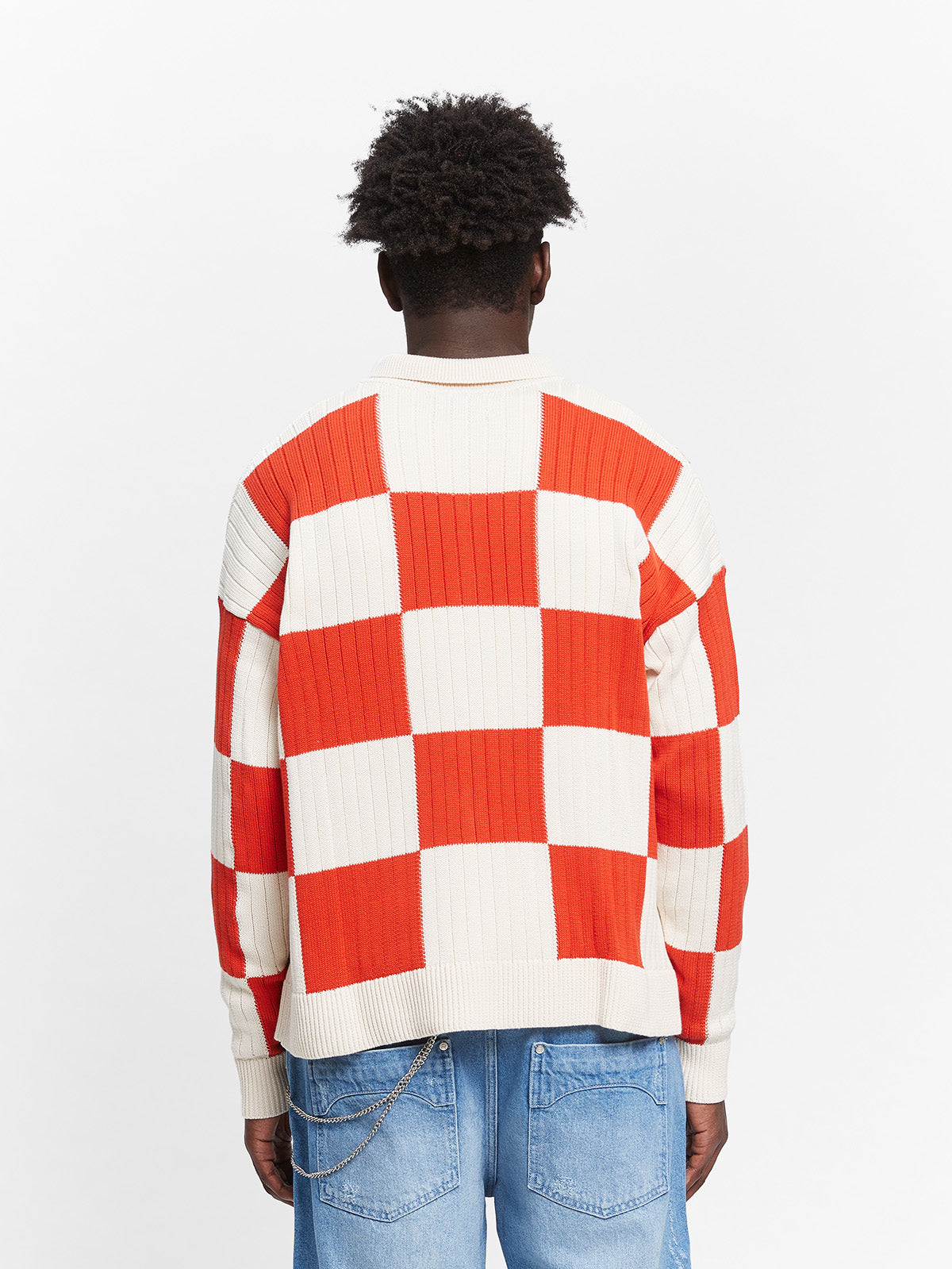 KNIT BUTTON JACKET - CREAM/RED