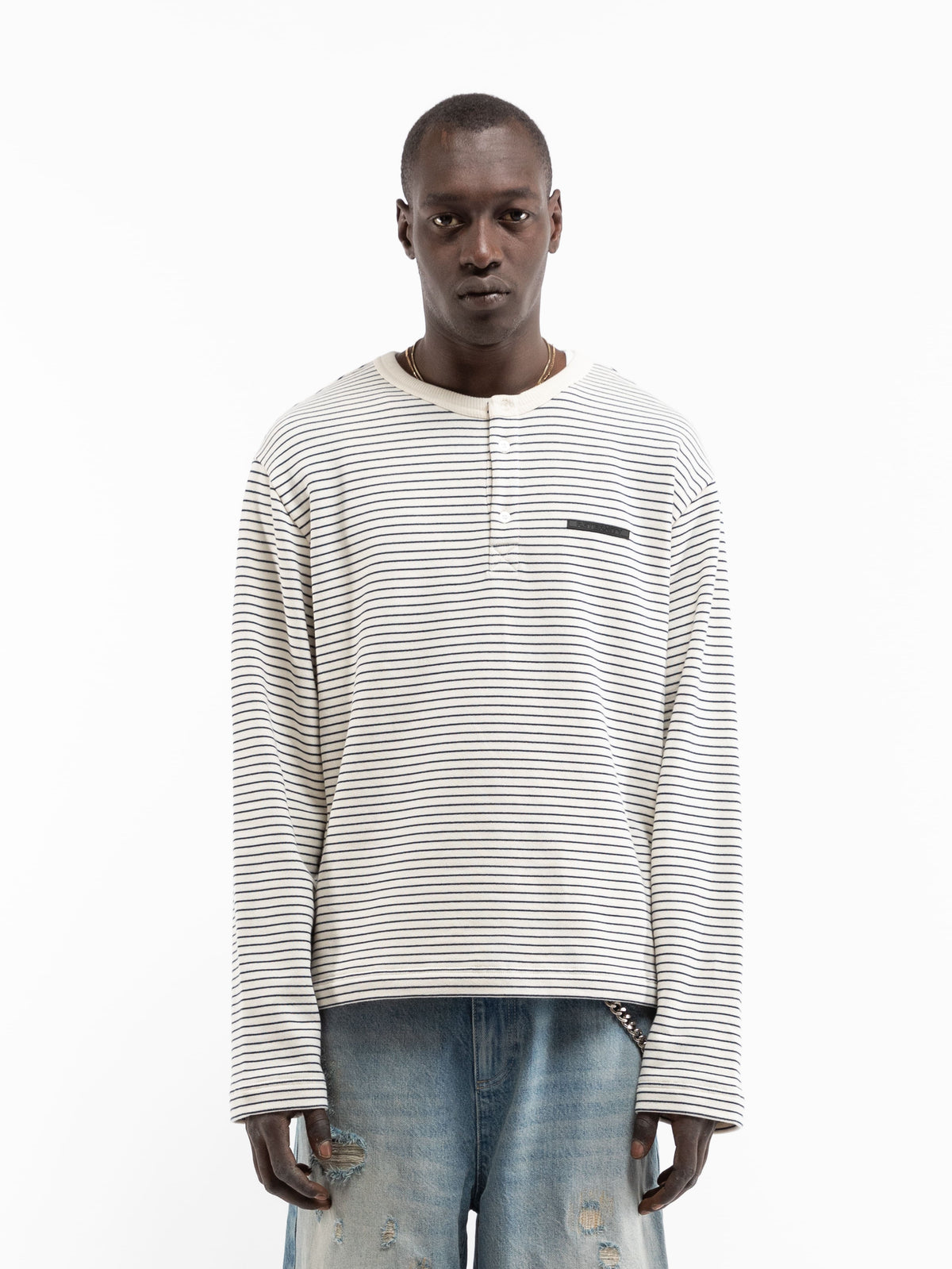 HENLEY STRIPE LONGSLEEVE - OFF WHITE/NAVY