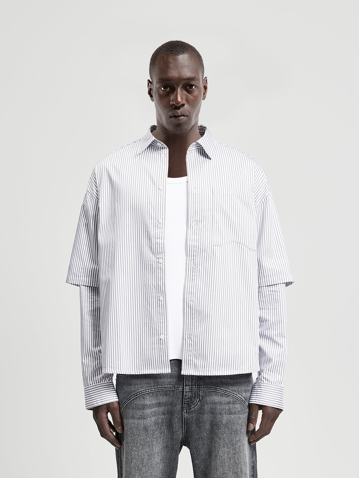 DOUBLE SLEEVE BUTTON SHIRT - WHITE/GREY