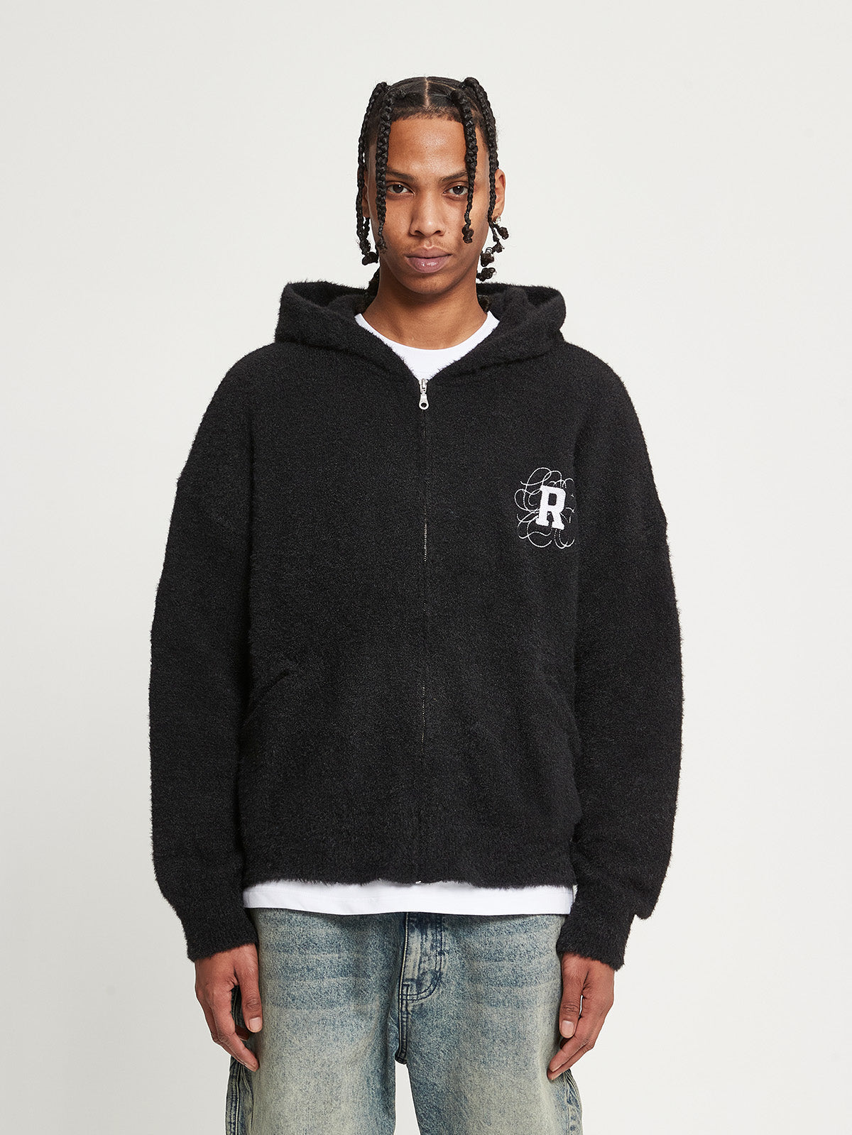 FURRY KNIT ZIP-JACKET - BLACK