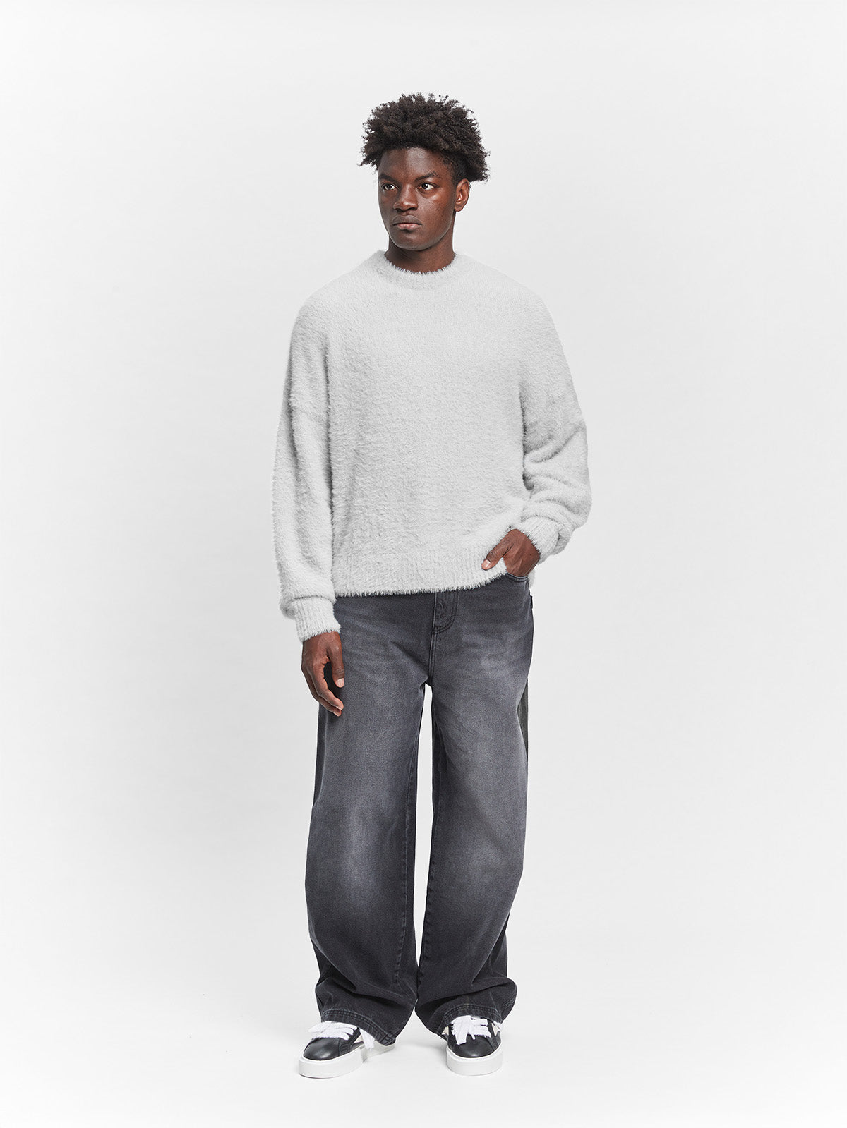 ESSENTIAL FURRY KNIT SWEATER - LIGHT GREY