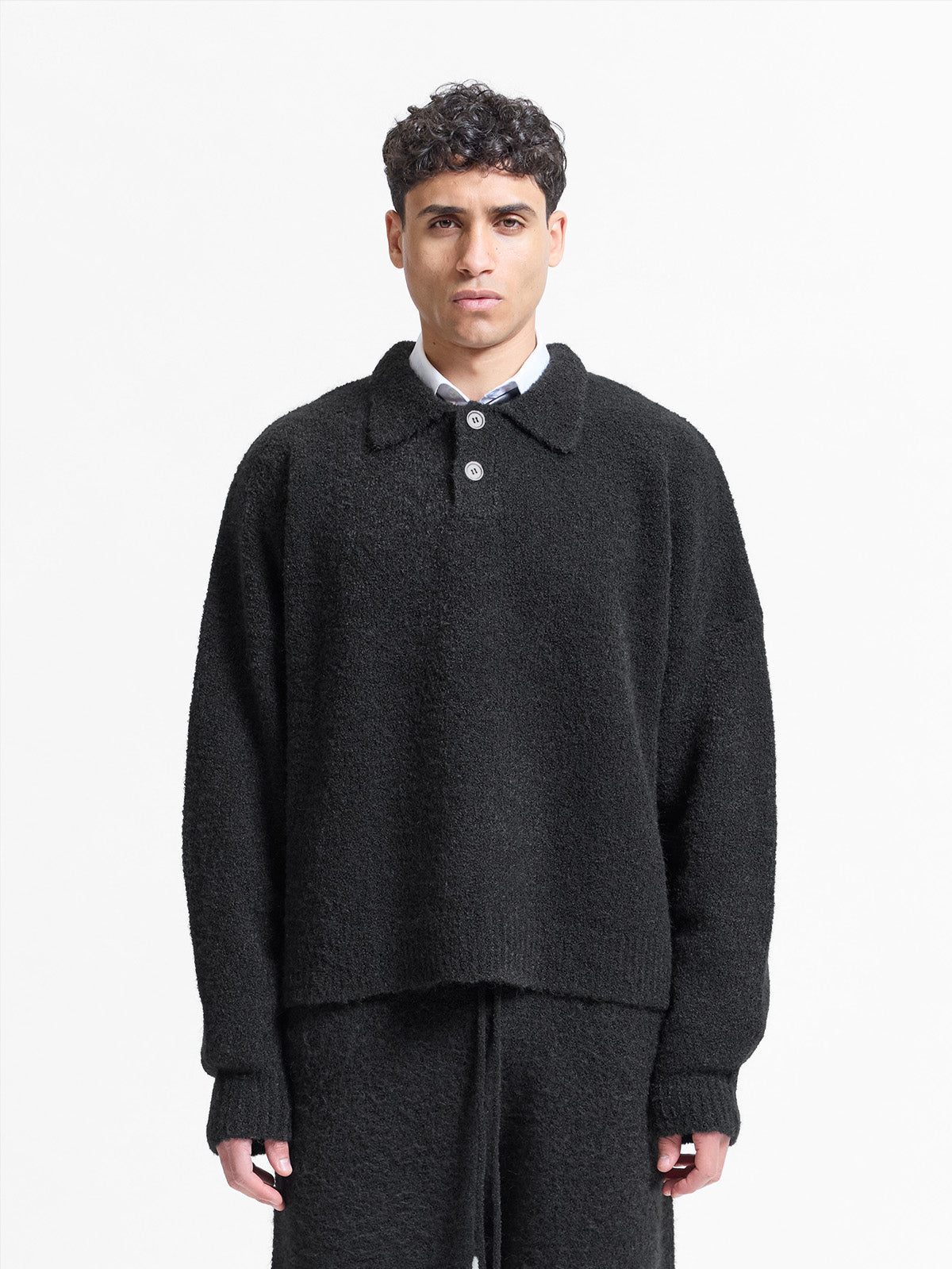 BOUCLE KNIT POLO - BLACK