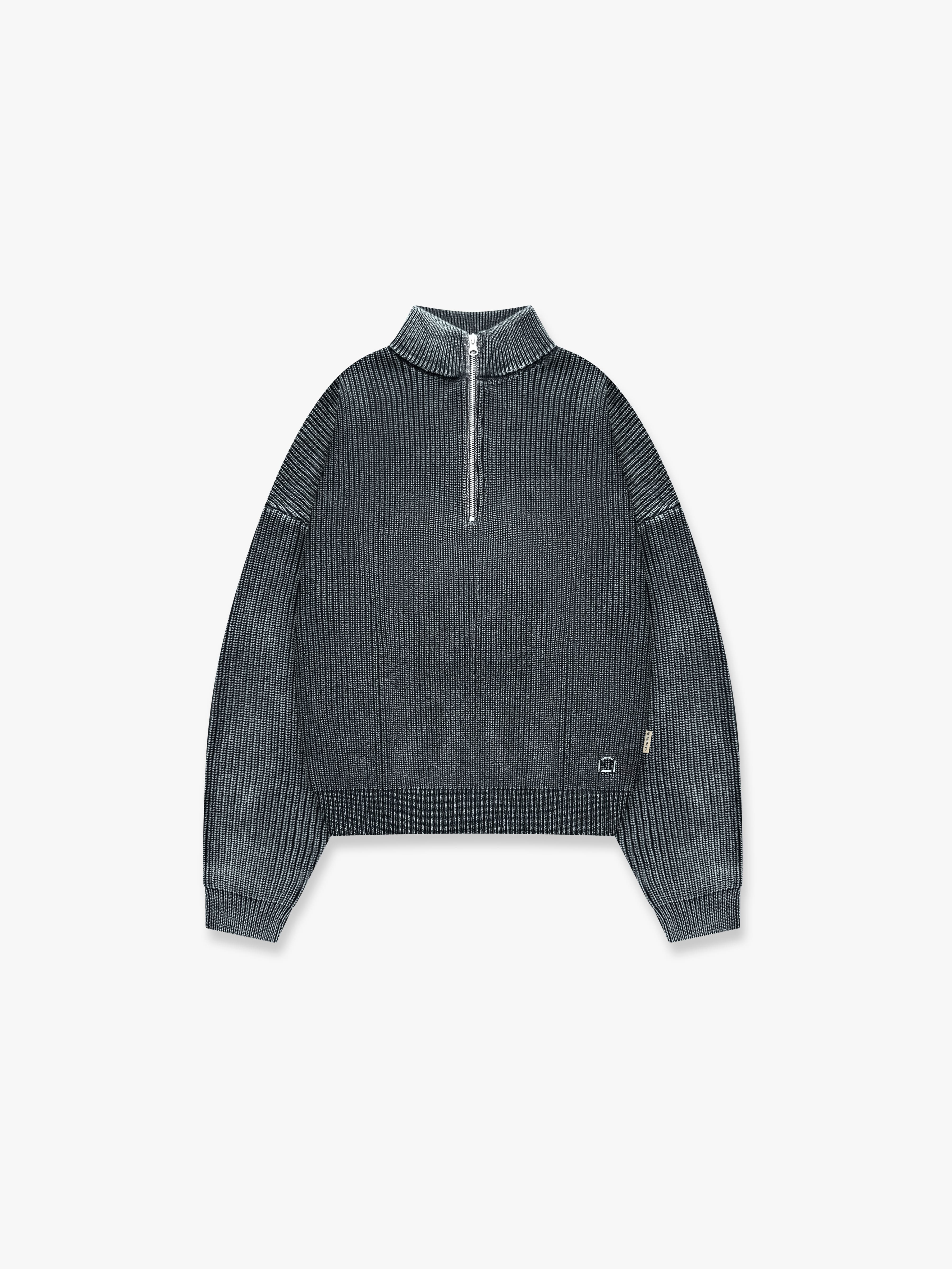 WASHED KNIT HALF ZIP - ACID BLACK