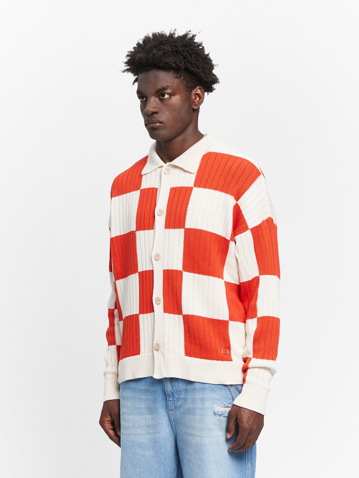 KNIT BUTTON JACKET - CREAM/RED