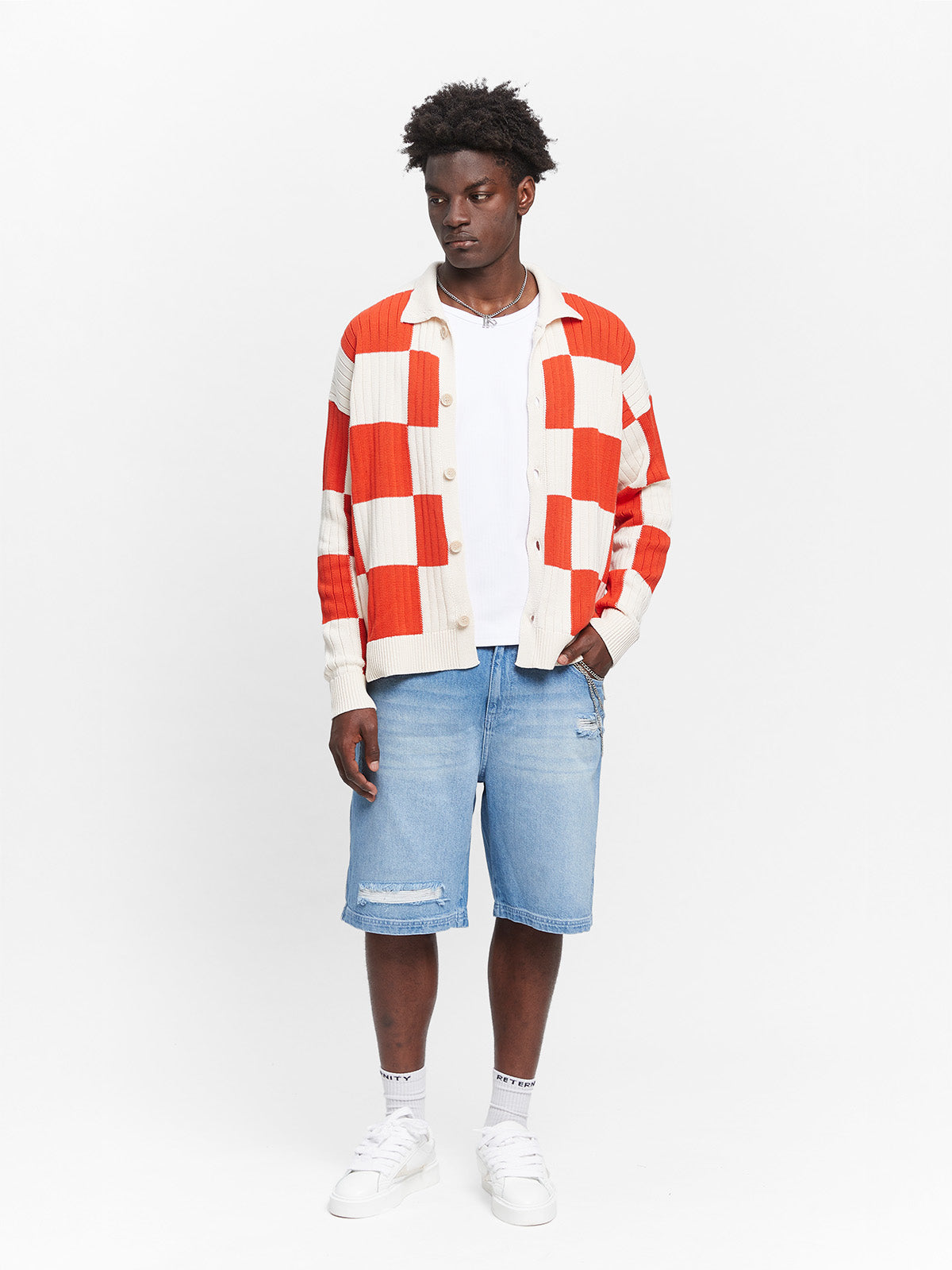 KNIT BUTTON JACKET - CREAM/RED