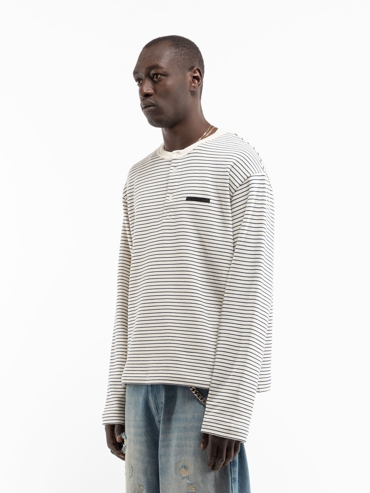 HENLEY STRIPE LONGSLEEVE - OFF WHITE/NAVY