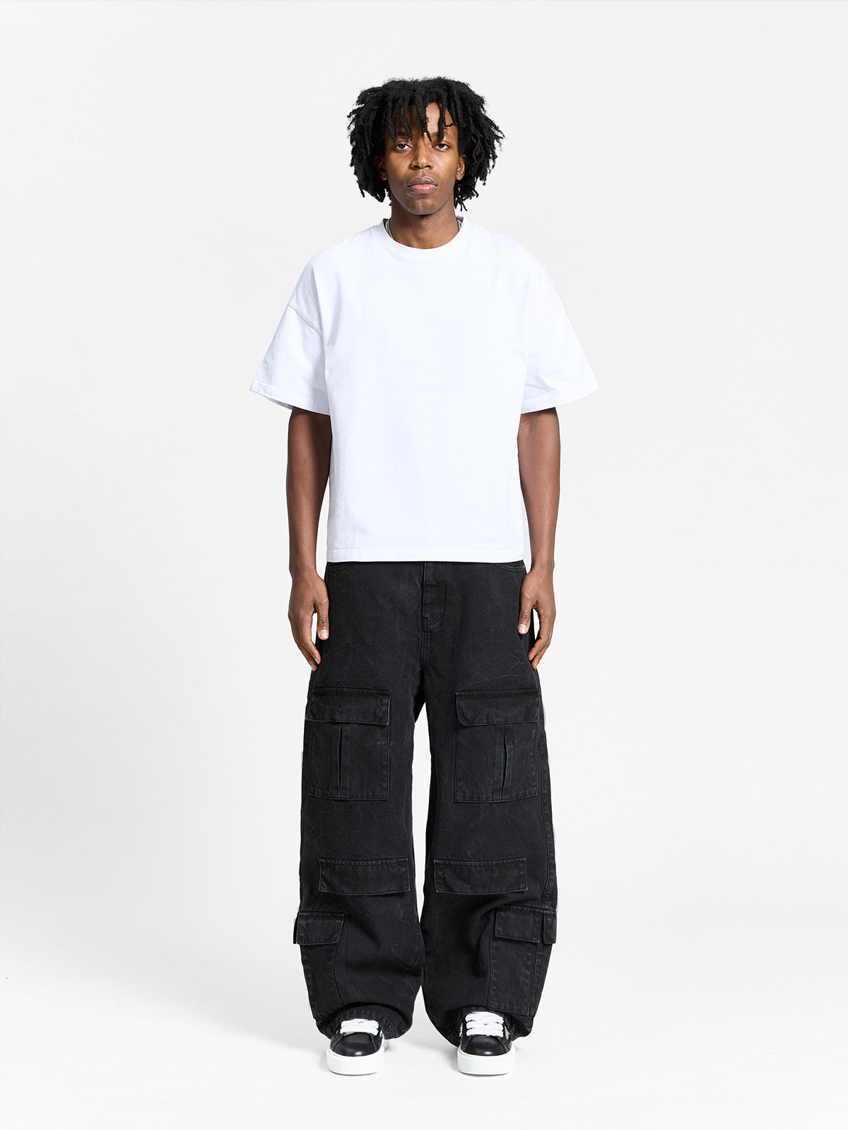 WRINKLED CANVAS CARGO PANTS - BLACK