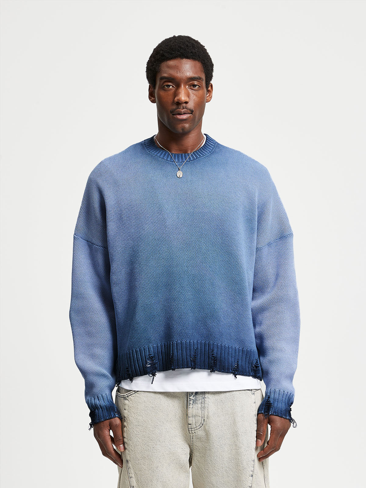 OIL WASHED KNIT SWEATER - BLUE