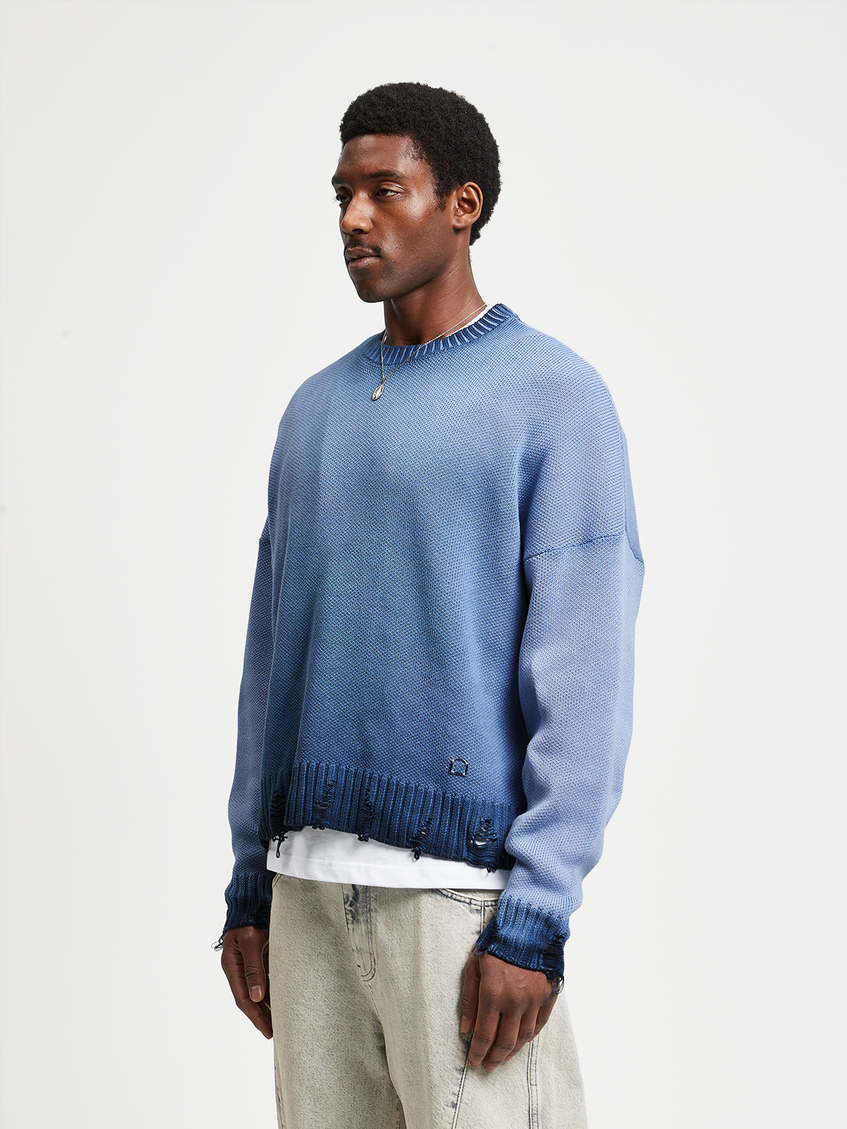 OIL WASHED KNIT SWEATER - BLUE