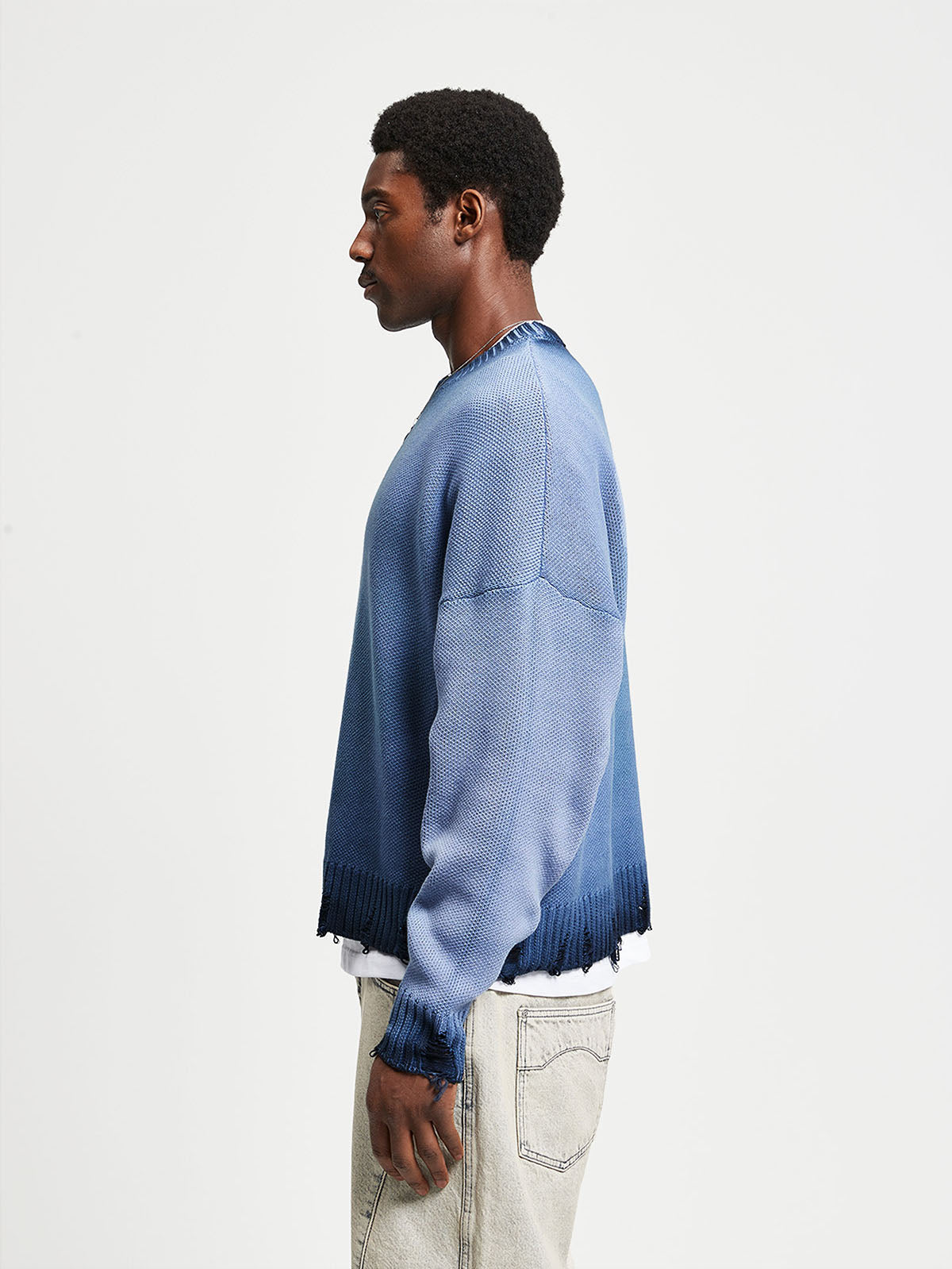 OIL WASHED KNIT SWEATER - BLUE