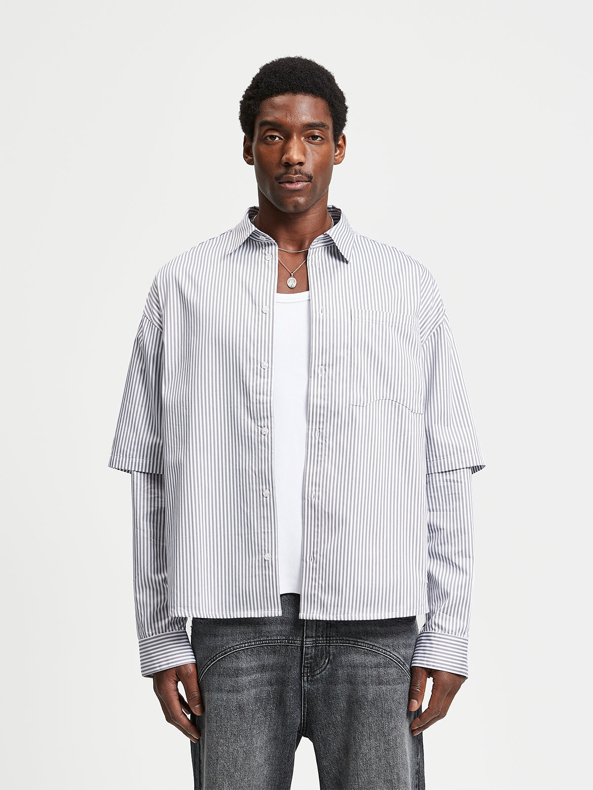 DOUBLE SLEEVE BUTTON SHIRT - WHITE/GREY