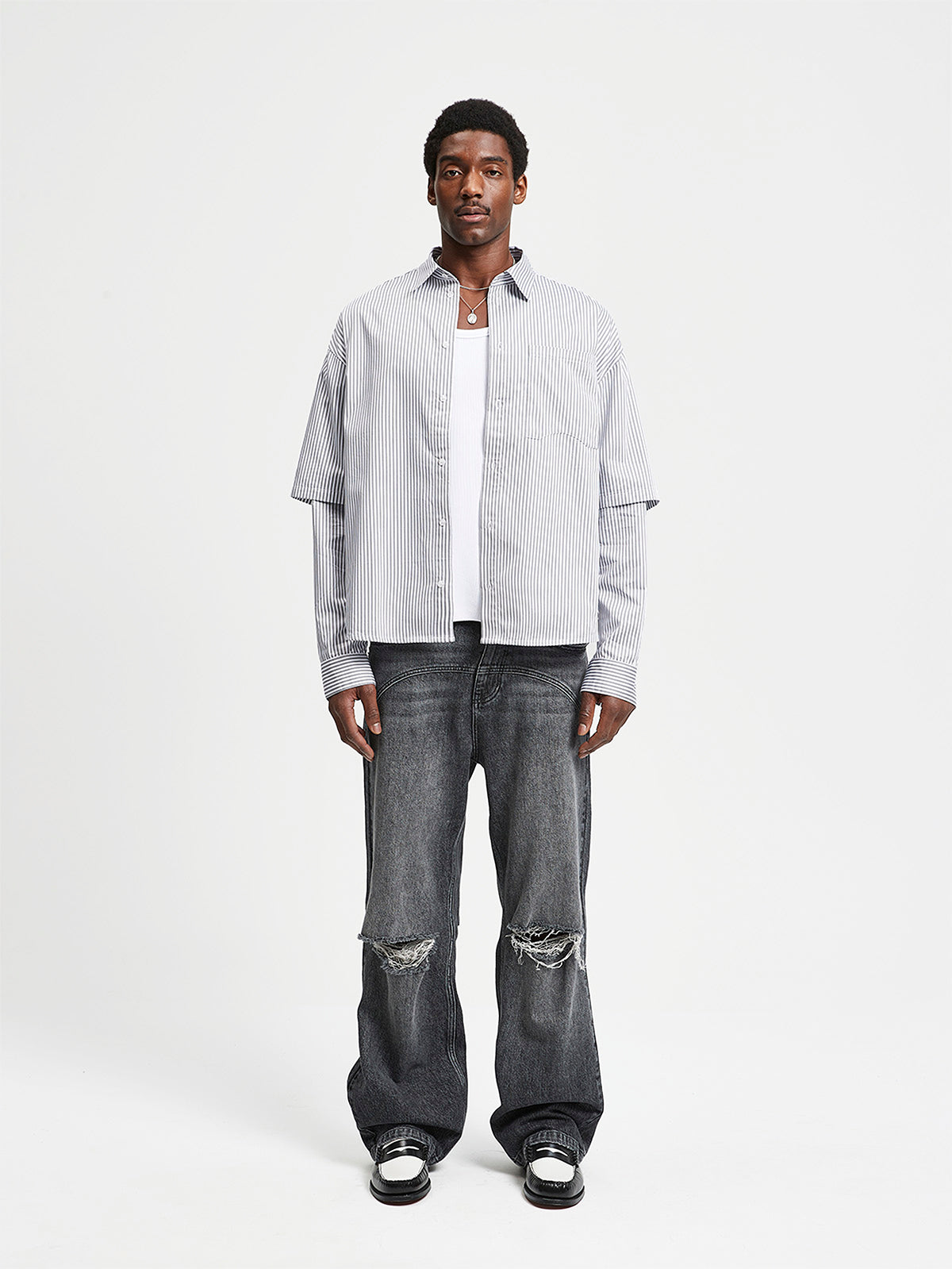 DOUBLE SLEEVE BUTTON SHIRT - WHITE/GREY