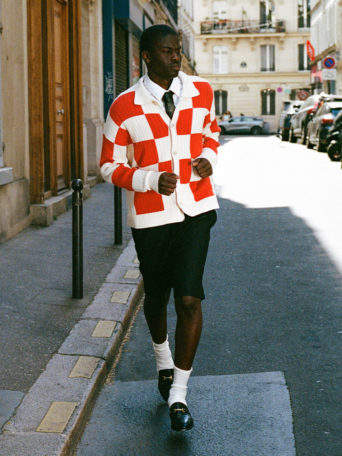 KNIT BUTTON JACKET - CREAM/RED