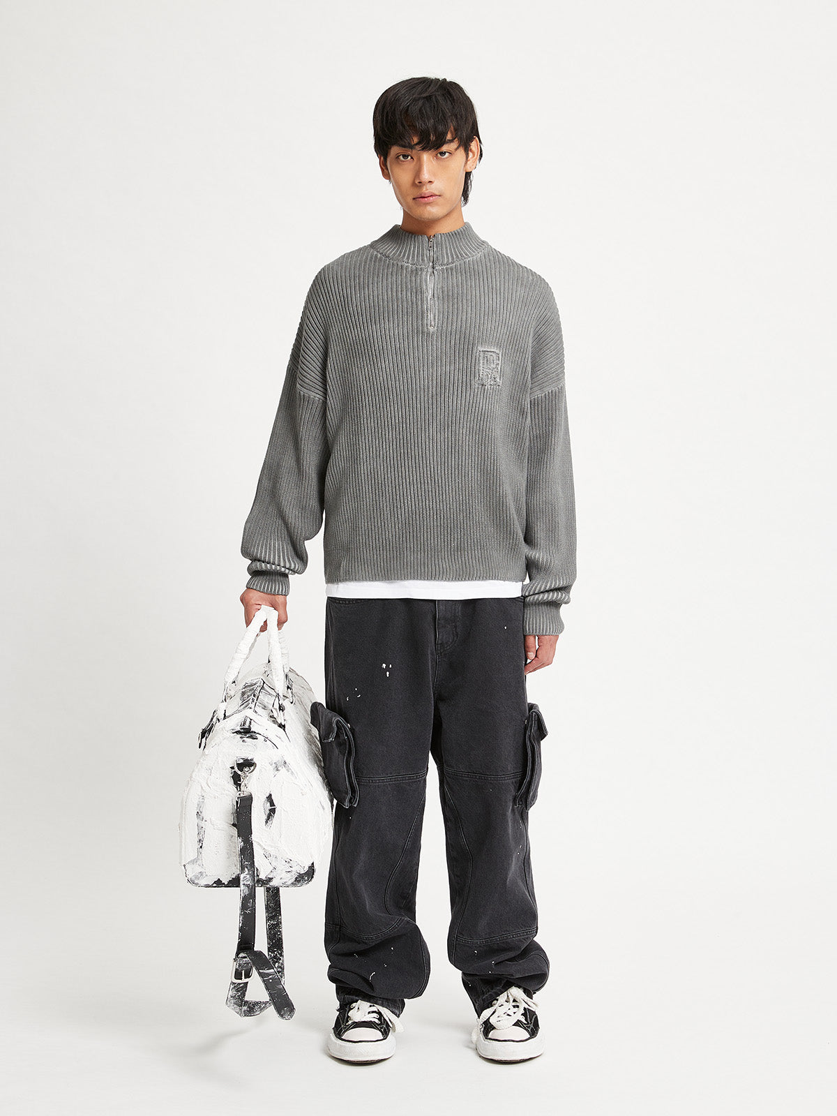 WASHED KNIT HALF ZIP - GREY