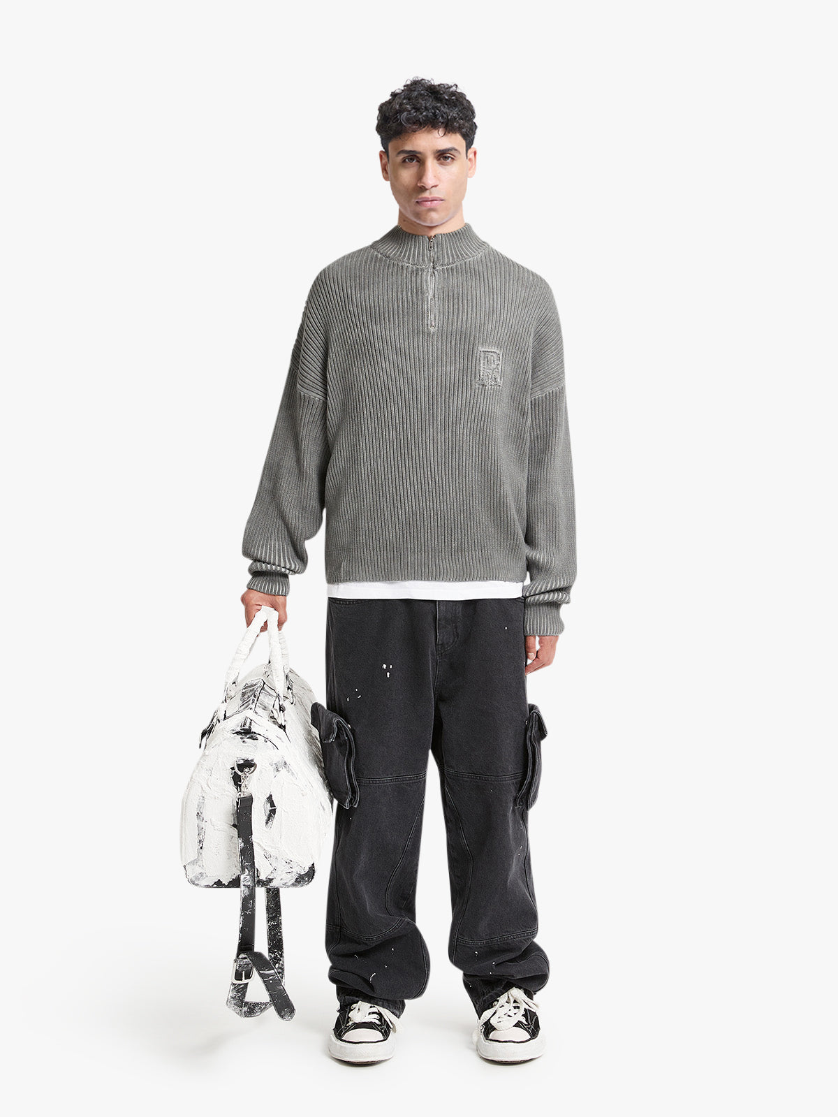 WASHED KNIT HALF ZIP - GREY