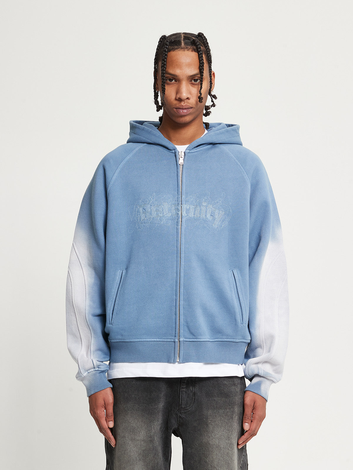 EMBROIDERED ZIP HOODIE FADED BLUE GREY