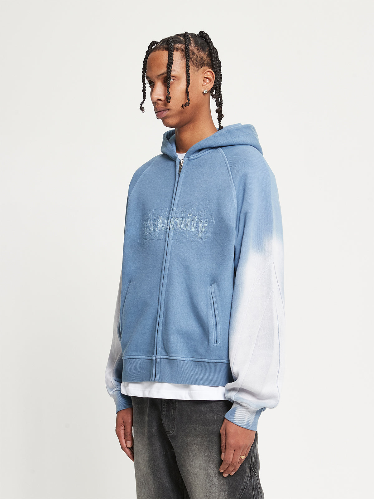 EMBROIDERED ZIP-HOODIE - FADED BLUE-GREY